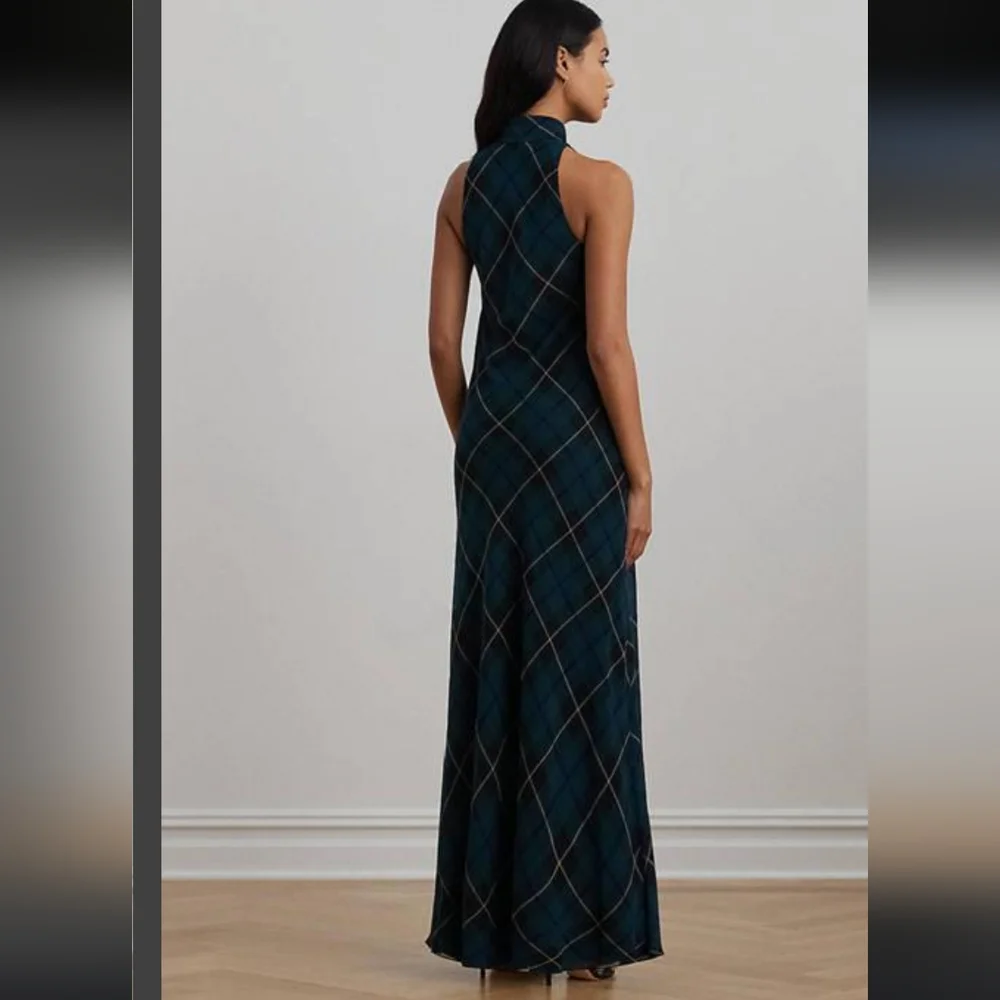 Ralph Lauren Dark Green and Navy Plaid Tie-Neck Maxi Dress with Bow - Picture 5 of 16